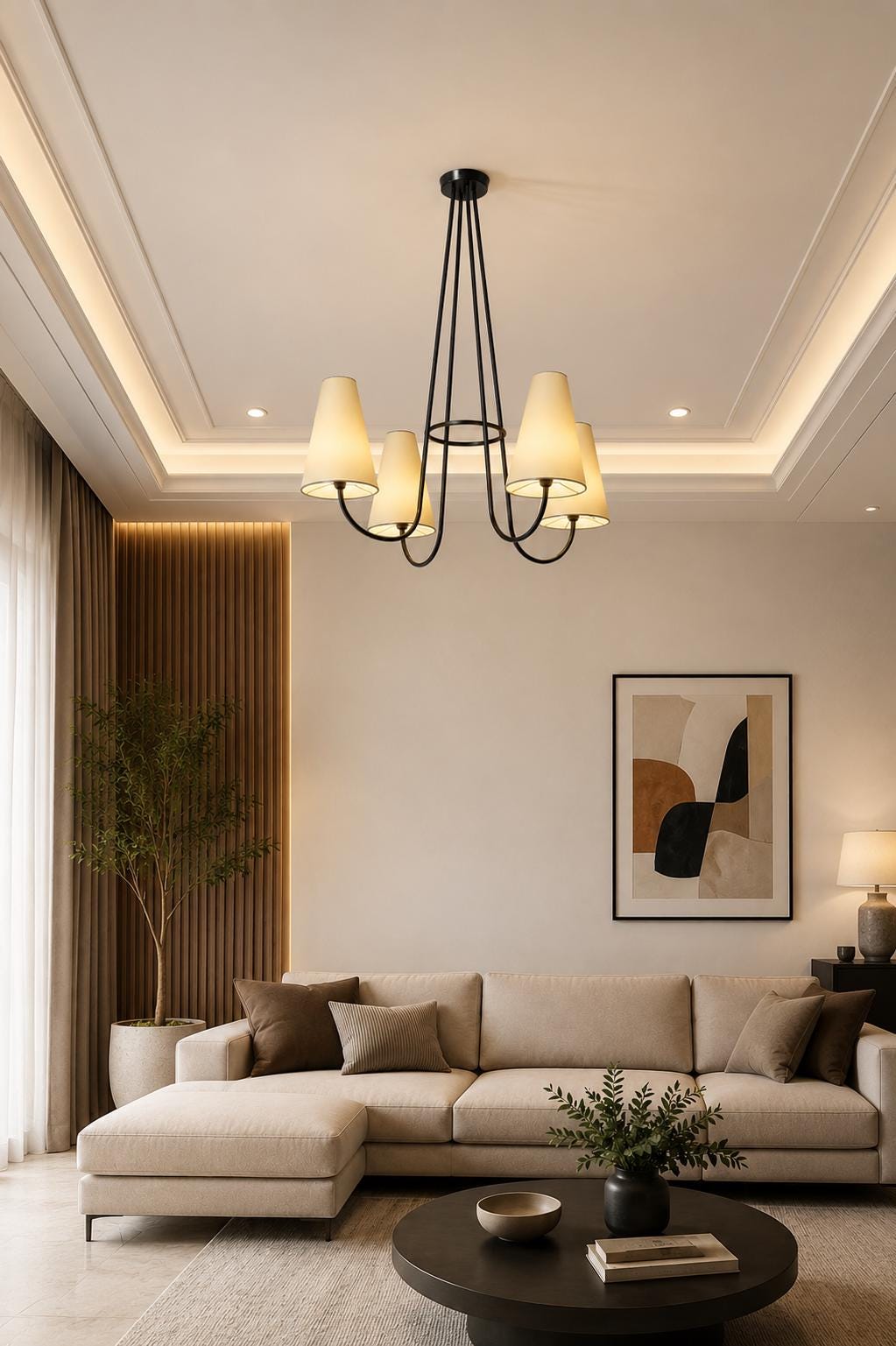 Mid Century Modern 4 Light Chandelier, Black Metal Ceiling Light, Cone Shade Pendant lamp Modern Dining Room Lighting Fixture