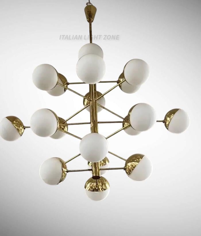 Stilnovo Style Chandelier Mid Century Modern Brass Globe Chandelier Italian Modern Ceiling Light Opal Glass Pendant